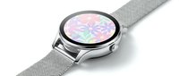 Smartwatch with holographic flower display on mesh band, isolated on white background for tech product design and wearable technology concepts.