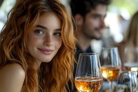 Young woman with red hair and freckles smiling while holding wine glass at restaurant gathering, natural lighting highlights warm ambiance and casual elegance.