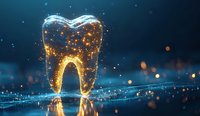 Digital glowing tooth with golden light particles on dark blue background, representing advanced dental technology and healthcare innovation.