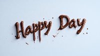 Melted chocolate lettering spelling out "Happy Day" on white background with tiny chocolate splatter drops, creating appetizing typography for greeting cards and social media designs.