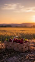Fresh raspberries in wicker basket on field during golden hour sunset with warm orange sky and blurred countryside landscape background for harvest concepts.