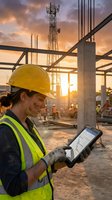 Female construction worker wearing yellow hard hat and high-visibility vest using digital tablet on active building site at sunset with steel framework and communication tower in background.