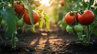 Fresh ripe red tomatoes growing on vine in organic garden with warm sunlight filtering through greenhouse rows for healthy farming and agriculture.