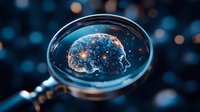Glowing brain silhouette in magnifying glass against dark blue bokeh background illustrates artificial intelligence, technology innovation and cognitive research.