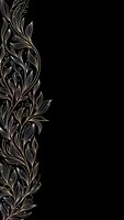 Elegant gold floral ornament border on black background with intricate botanical scrollwork and decorative swirls for luxury design projects.