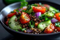 Fresh lentil salad with cherry tomatoes, cucumber slices, red onion, and herbs served on black plate, close up view with selective focus.