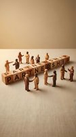 Wooden figurines of diverse businesspeople interact around stacked blocks spelling partnership, representing collaboration, teamwork, and business relationships for corporate concepts.