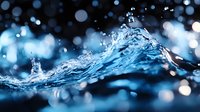 Dynamic water splash with crystal clear liquid forming a wave shape against dark background with blue bokeh lights creating magical atmosphere.