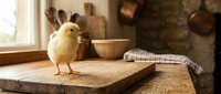 Young chick standing on wooden surface in rustic farmhouse kitchen with stone fireplace, wooden utensils and checkered cloth for agricultural and countryside lifestyle content.