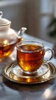 Steaming cup of black tea in glass mug on ornate silver saucer with teapot in soft-focused background, ideal for beverage, hospitality and lifestyle design projects.