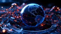 Glowing digital Earth globe with illuminated network connections on dark background with bokeh lights. Global technology concept.