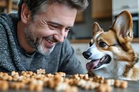 Mature Caucasian man with gray beard in sweater smiling while playing with happy Welsh Corgi dog at home, dog treats scattered on wooden table.