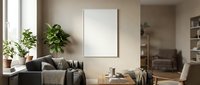 Cozy living room interior with blank poster frame above sofa, potted plants on windowsill, neutral tones, and modern home decor for design mockups.