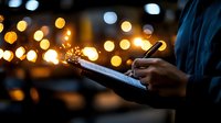 Professional businessman using digital tablet at night with stylus pen against blurred city lights bokeh background for modern technology and business concepts.