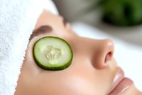 Young Caucasian woman relaxing during facial treatment with fresh cucumber slice on eye at spa salon, close up view of skincare and beauty procedure.