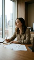 Young professional woman writing in notebook at modern office desk near window with city view, contemplating business strategy and planning.
