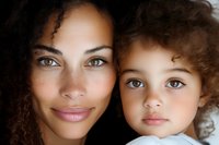 Close up portrait of African American mother and mixed race child with curly hair and striking blue eyes showing family bond and natural beauty.