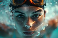 Young woman swimmer in goggles underwater, close up portrait with dramatic lighting and water droplets creating bokeh effect in turquoise pool water.