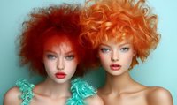 Two women with vibrant curly red and orange hair wearing turquoise outfits pose against mint background, showcasing dramatic makeup and fashion styling.