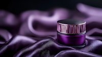 Luxurious purple cosmetic cream jar on dark silk fabric with elegant folds and reflections, premium skincare product photography for beauty industry advertising.