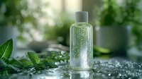 Clear glass bottle with refreshing micellar water surrounded by green leaves and water drops, natural cosmetics concept on blurred background with bokeh effect.