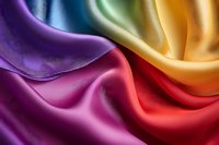 Luxurious rainbow colored silk fabric with soft folds and waves creating elegant texture and gradient from purple through red to yellow. Perfect for fashion design.