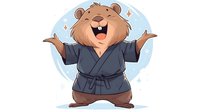 Happy cartoon bear wearing gray bathrobe with arms raised in joyful morning greeting pose against blue background with sparkle effects. Isolated character for children design.
