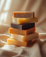 Stack of handmade natural soap bars in various colors and textures on soft fabric background for skincare and wellness products.