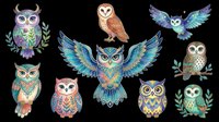 Colorful owl collection featuring eight decorative birds with ornate patterns, wings, and botanical elements isolated on transparent background. Ready for t-shirts, clipart, stickers, sublimation, and print-on-demand designs.