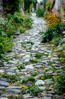 Winding cobblestone garden path with yellow flower petals scattered among stones, bordered by lush green plants and vibrant orange and pink blooming flowers.