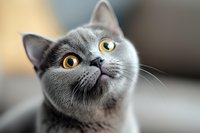 Close up portrait of curious British shorthair cat with bright yellow eyes and grey fur looking up against blurred background. Pet photography.