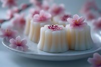 Elegant white panna cotta desserts garnished with delicate pink cherry blossoms on ceramic plate. Spring-inspired culinary presentation for fine dining.