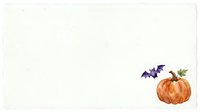 Watercolor pumpkin with autumn leaves and purple bats on cream background, isolated design element for fall seasonal projects, Halloween decorations, greeting cards, and festive artwork.