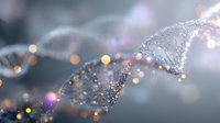 Glowing DNA strand with sparkles and bokeh lights on dark background, scientific concept showing genetic research and biotechnology advancement.