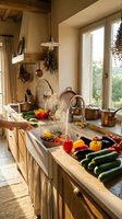 Rustic farmhouse kitchen with steam rising from sink, fresh vegetables and herbs on wooden countertops, copper cookware, natural light from large windows, warm earthy tones throughout space.