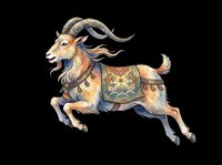 Majestic goat with curved horns and flowing mane, wearing ornate decorative saddle blanket. Isolated on transparent background, ready for t-shirts, clipart, stickers, and print-on-demand designs.
