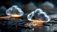 Glowing cloud computing icons with orange light trails on dark circuit board background representing data storage and digital technology solutions.