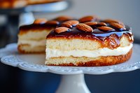 Homemade cream cake topped with chocolate glaze and roasted almonds on white ceramic cake stand, close up view of delicious dessert with creamy filling.