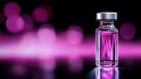 Glass medical vial with purple liquid on dark background with bokeh lights, reflective surface shows pharmaceutical or cosmetic product presentation.