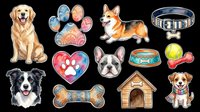 Cute dog breeds and pet accessories collection isolated on transparent background, ready for t-shirt designs, stickers, clipart, print-on-demand products and sublimation projects.
