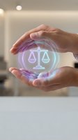Hands holding glowing neon scales of justice symbol with purple and cyan light effects, representing legal services, law, compliance, and ethical business practices.