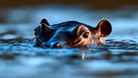Close-up view of hippopotamus eyes and ears partially submerged in blue water, creating dramatic wildlife photography composition with natural lighting.