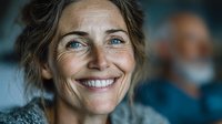 Smiling mature Caucasian woman with blue eyes and natural aging lines showing genuine happiness and confidence in soft indoor lighting.