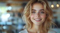 Young Caucasian woman with wavy blonde hair and bright smile looking at camera. Natural makeup, blue eyes and genuine expression in soft indoor lighting creates warm atmosphere.