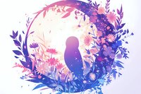 Mystical owl silhouette among vibrant floral elements in purple and pink gradient colors, surrounded by decorative wildflowers and botanical elements on white background.