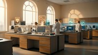 Modern scientific laboratory with researchers working at wooden workstations and advanced equipment for pharmaceutical research and development projects.