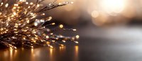 Glowing golden twigs with water drops and bokeh lights creating magical atmosphere on dark background. Festive winter holiday decor.