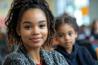 Young African American woman with natural curly hair smiling at camera with child in background, representing family bonding and togetherness in warm indoor setting.