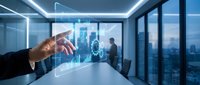 Businessman touching holographic interface with financial data charts in modern office conference room with city skyline view for business technology presentations.
