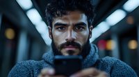 Young Middle Eastern man with beard and dark curly hair looking at smartphone screen in dimly lit environment, wearing gray sweater. Moody atmospheric portrait.